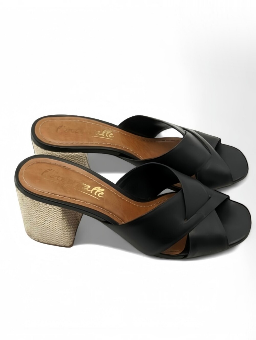 L'Intervalle Leather Mules Black Crisscross Woven Jute Chunky Heel Sandals 8